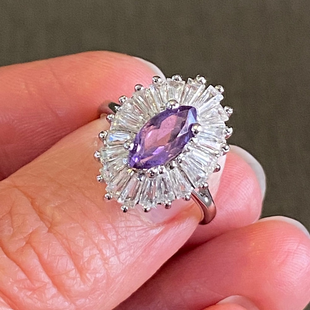 Vintage Sterling Silver Amethyst Marquise Ballerina Baguette Crystal Ring Size 8